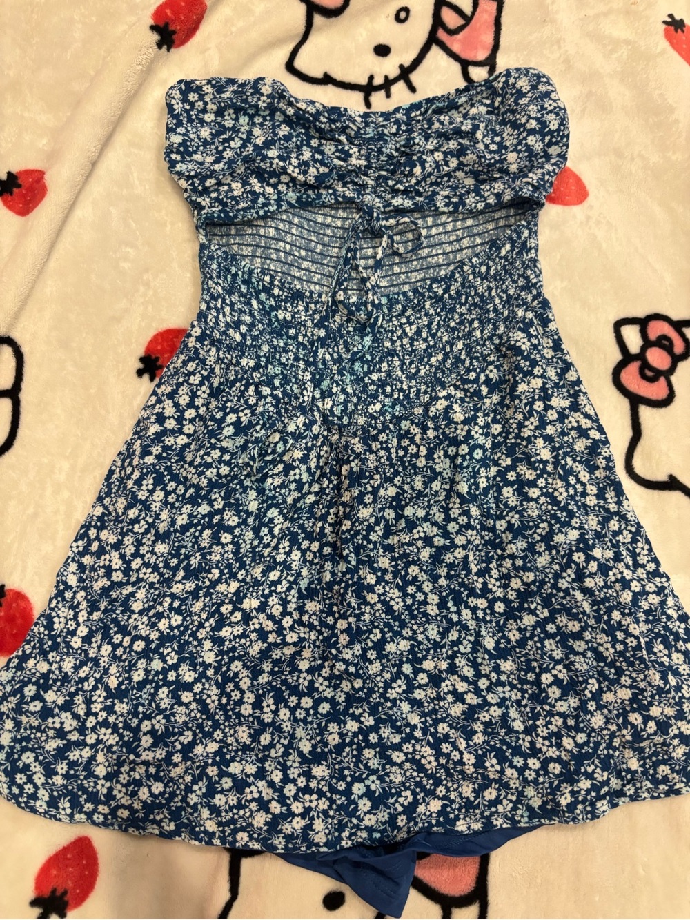 Blue Floral Strapless Smocked Casual Dress